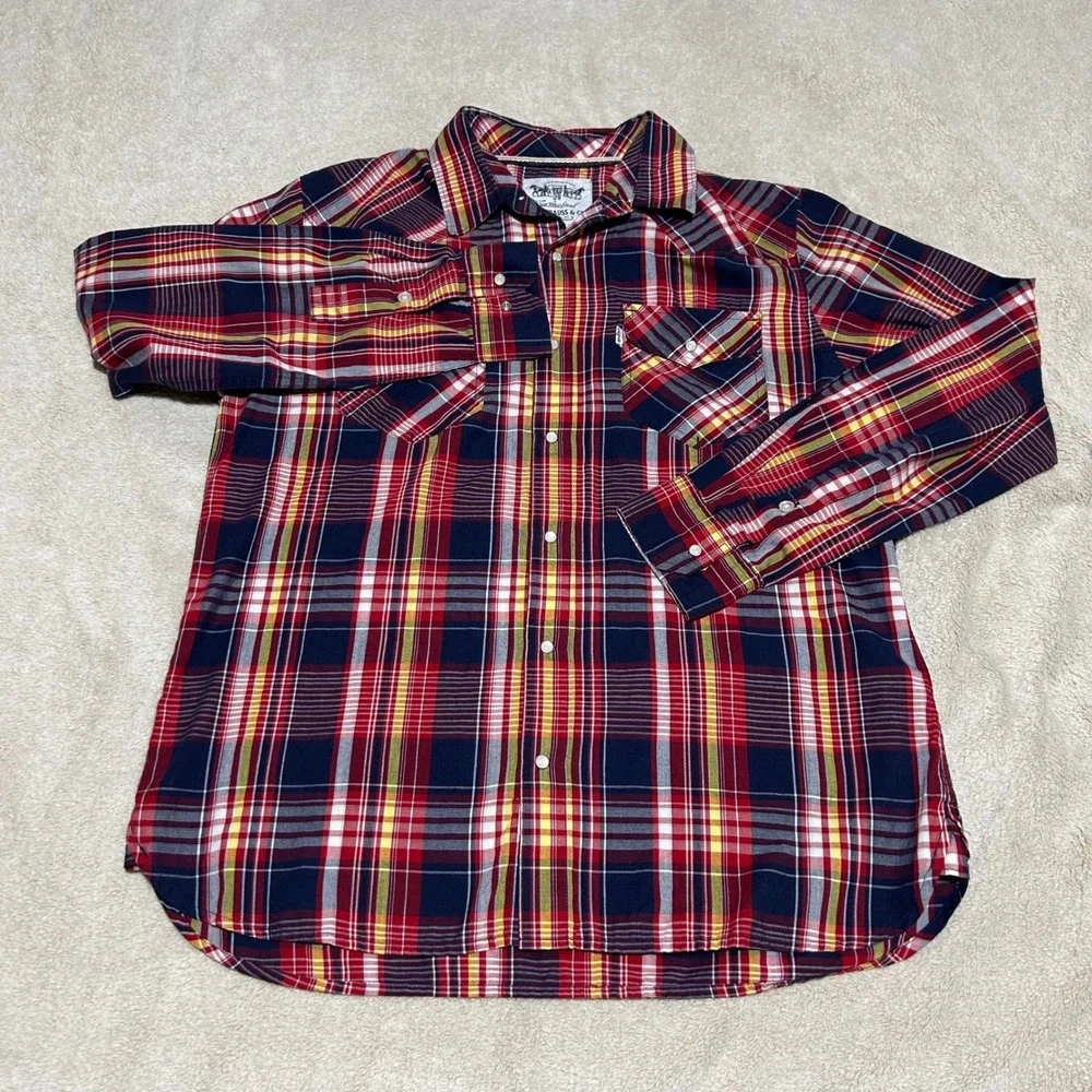 Levi Strauss Western Shirt Mens Medium Red Navy Plaid Pearl Snap Cowboy Rodeo